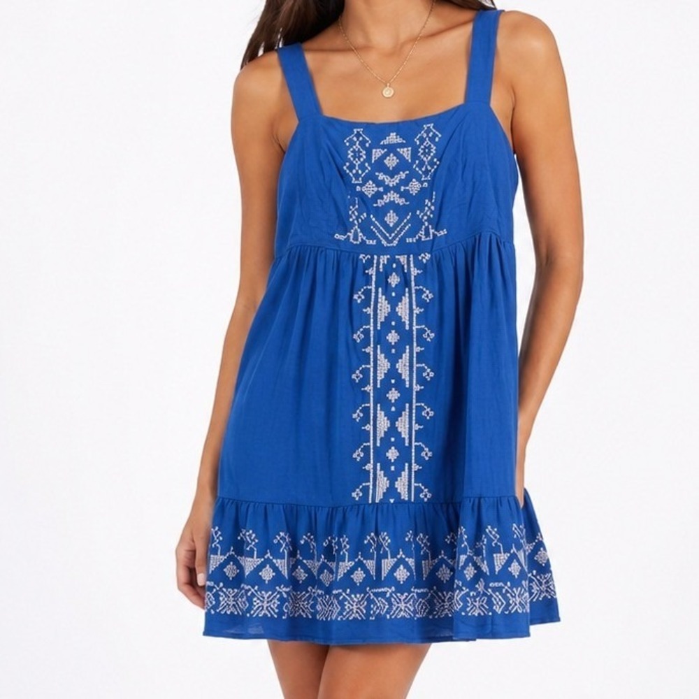 Rewind Womens Royal Blue Embroidered Boho Mini Dress Tie Back Ruffle Hem Medium